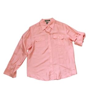 Ralph Lauren Pink Peach 100% Silk Button Up Toll Tab Sleeve Collared Shi…